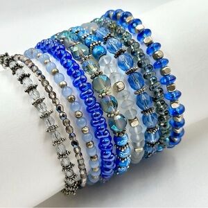Blue beaded bracelet, memory wire bracelet, blue wrap bracelet, blue cuff